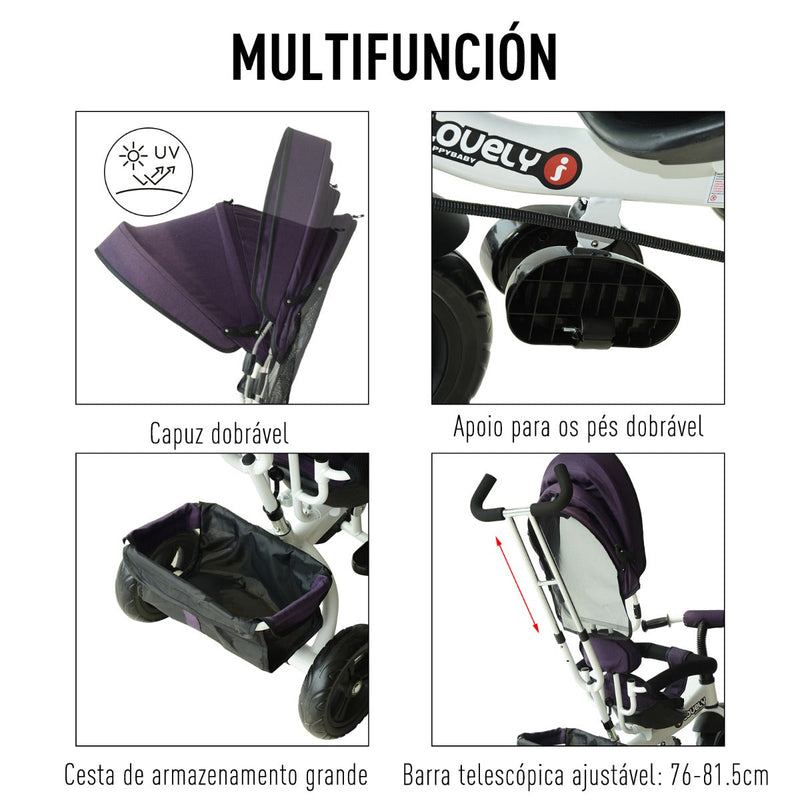 Triciclo para Crianças com Capota– Cor: Roxo e Branco– Ferro, Plástico e Tela– 92 x 51 x 110 cm