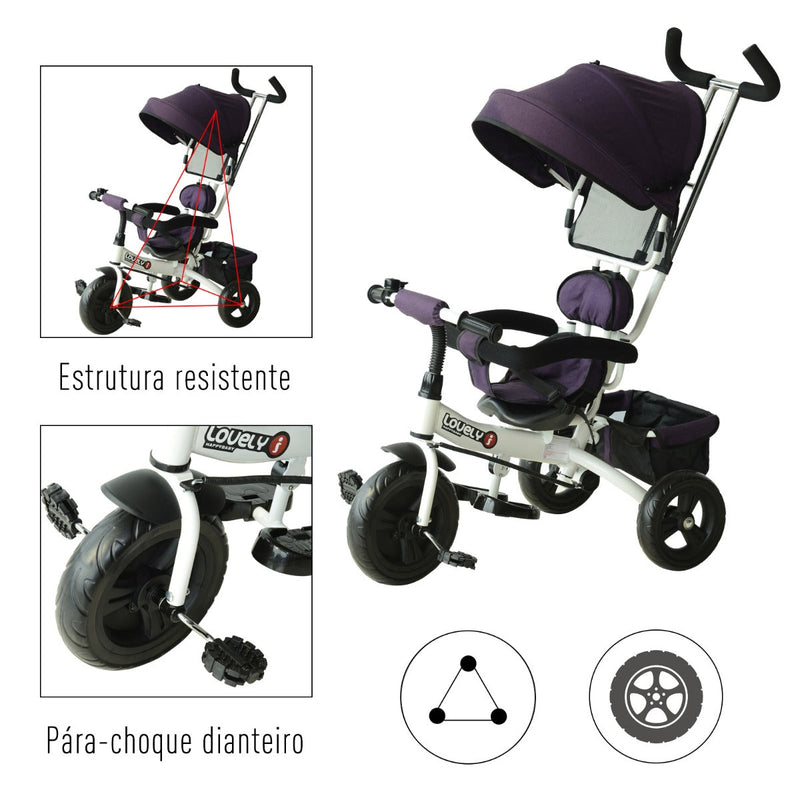 Triciclo para Crianças com Capota– Cor: Roxo e Branco– Ferro, Plástico e Tela– 92 x 51 x 110 cm