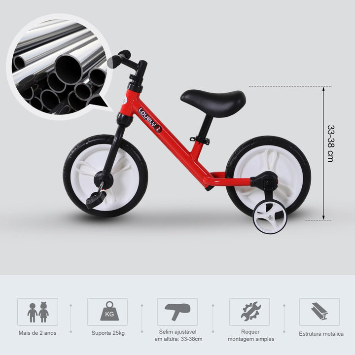 Bicicleta Balance com pedais e rodas removíveis Cor vermelha Assento ajustável 33-38cm Crianças +2 Anos Carga 25kg