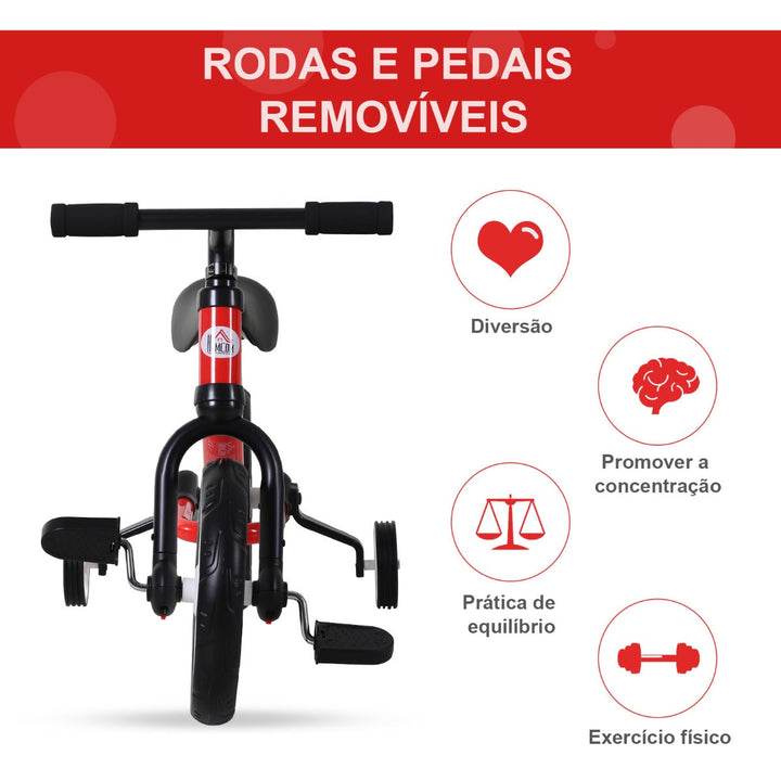 Bicicleta Balance com pedais e rodas removíveis Cor vermelha Assento ajustável 33-38cm Crianças +2 Anos Carga 25kg