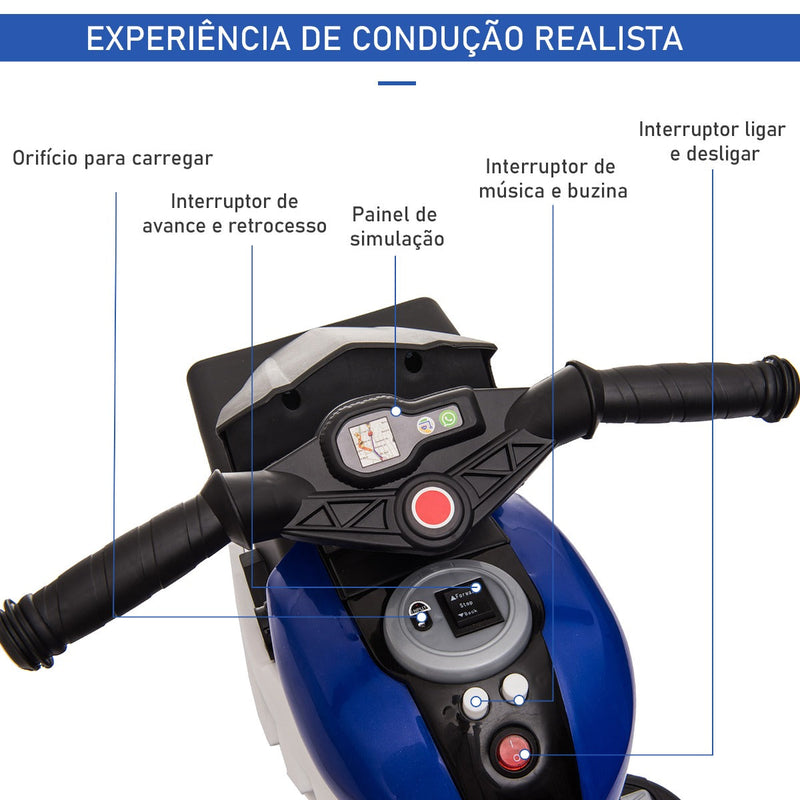 Motocicleta Elétrica Infantil com 3 Rodas para Crianças acima de 3 anos Triciclo com Pedal de Bateria 6V com Luzes Música Pneus Largos 86x42x52cm Azul