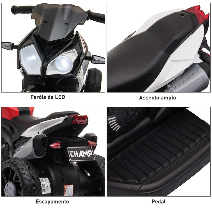 Motocicleta Elétrica Infantil com 3 Rodas Triciclo para Crianças acima de 3 anos com Bateria 6V Recarregável Funções de Música Buzina Faróis 86x42x52cm Preto e Vermelho