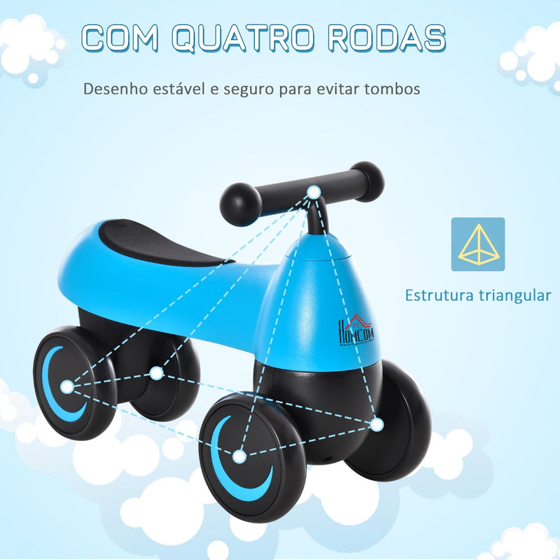 Andador para bebés acima de 18 meses tipo quadriciclo com 4 Rodas e Guidão 54x26x38cm Azul Preto