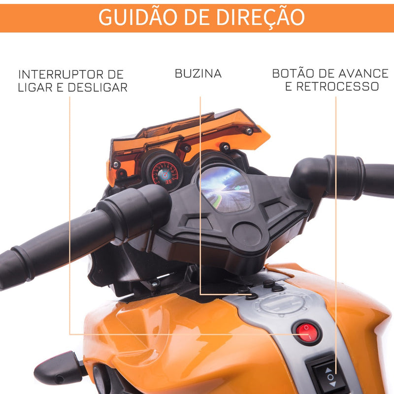 Moto Elétrica para Crianças a partir de 18 Meses 6V com Faróis Buzina 2 Rodas de Equilibrio Velocidade Máx. de 3km/h Motocicleta de Brinquedo 88,5x42,5x49cm Laranja