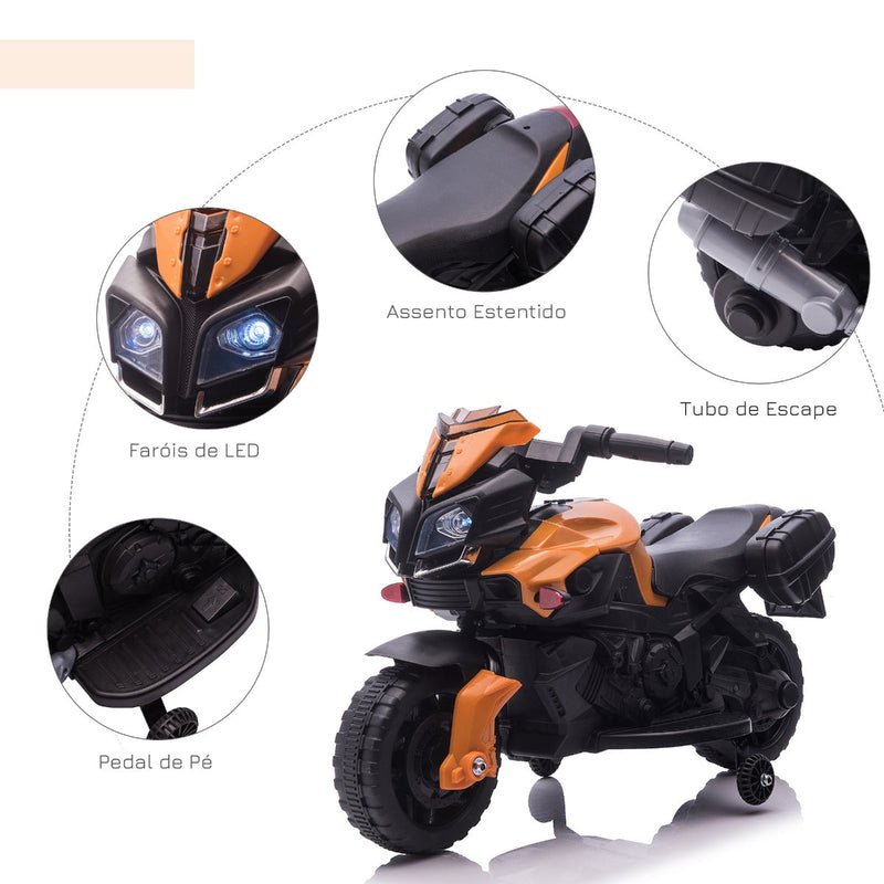 Moto Elétrica para Crianças a partir de 18 Meses 6V com Faróis Buzina 2 Rodas de Equilibrio Velocidade Máx. de 3km/h Motocicleta de Brinquedo 88,5x42,5x49cm Laranja