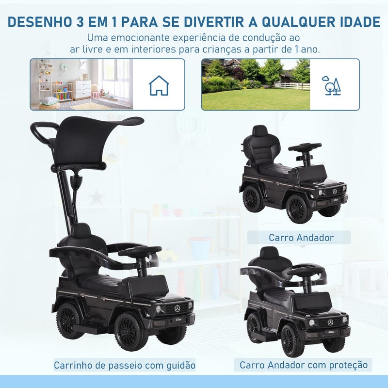 Carro de Passeio Carro Andador para Crianças acima de 12 Meses Mercedes G350 com Buzina Capô Removível Encosto e Suporte de Proteção 85,5x40,5x95cm Preto