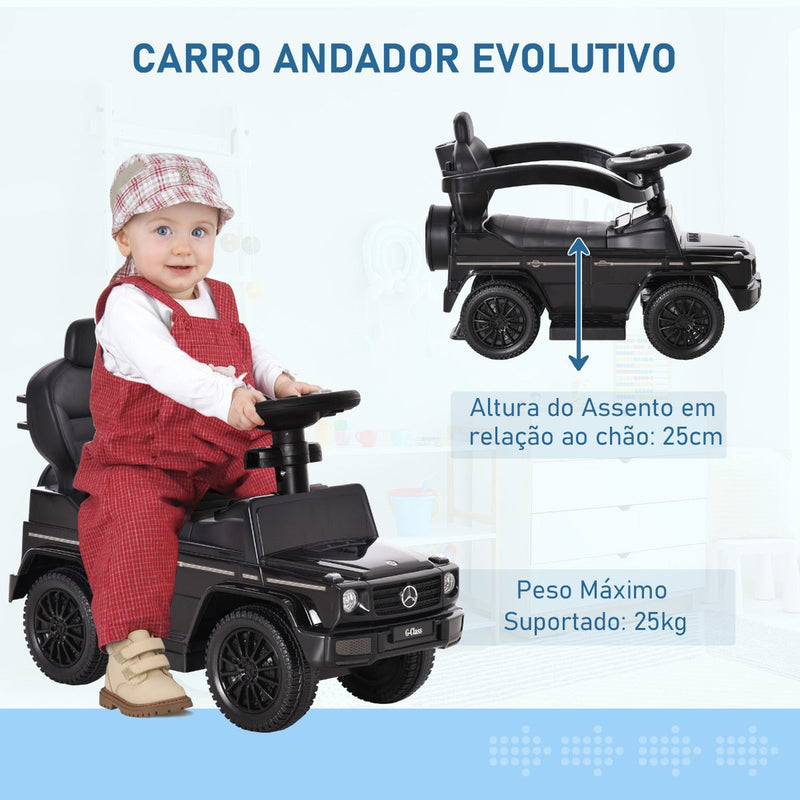 Carro de Passeio Carro Andador para Crianças acima de 12 Meses Mercedes G350 com Buzina Capô Removível Encosto e Suporte de Proteção 85,5x40,5x95cm Preto