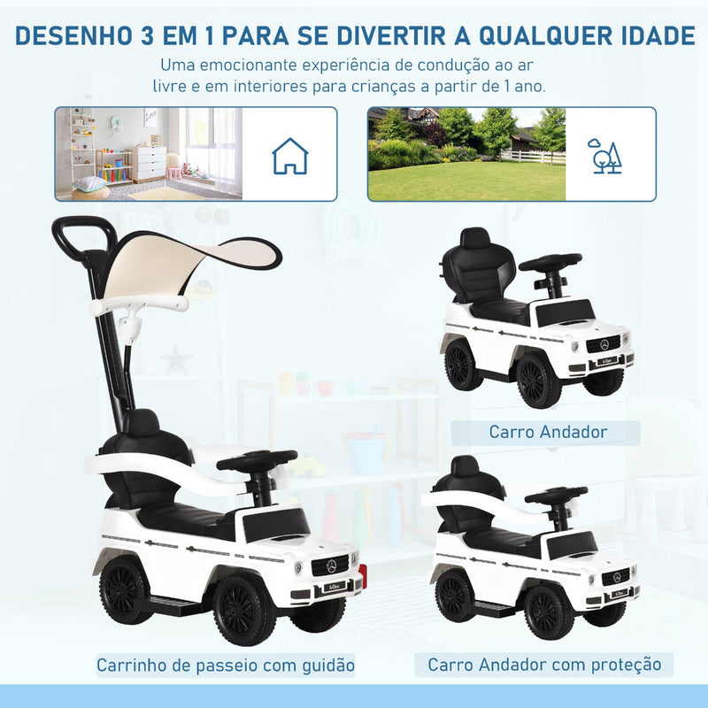 Carro de Passeio Carro Andador para Crianças acima de 12 Meses Mercedes G350 com Buzina Capô Removível Encosto e Suporte de Proteção 85,5x40,5x95cm Branco