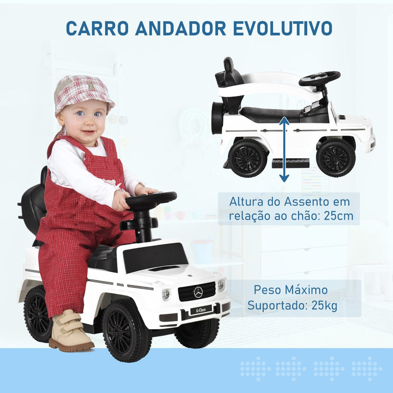 Carro de Passeio Carro Andador para Crianças acima de 12 Meses Mercedes G350 com Buzina Capô Removível Encosto e Suporte de Proteção 85,5x40,5x95cm Branco