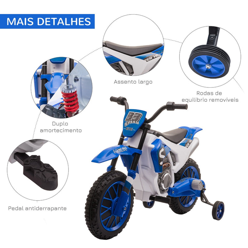 Mota Elétrica para Crianças acima de 3 Anos 12V Mota de Brinquedo Infantil com 2 Rodas de Equilíbrio Velocidade Máx. 8km/h Arranque Suave 106,5x51,5x68cm Azul