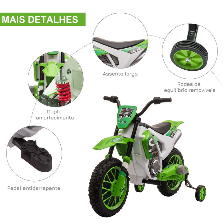 Mota Elétrica para Crianças acima de 3 Anos 12V Mota de Brinquedo Infantil com 2 Rodas de Equilíbrio Velocidade Máx. 8km/h Arranque Suave 106,5x51,5x68cm Verde