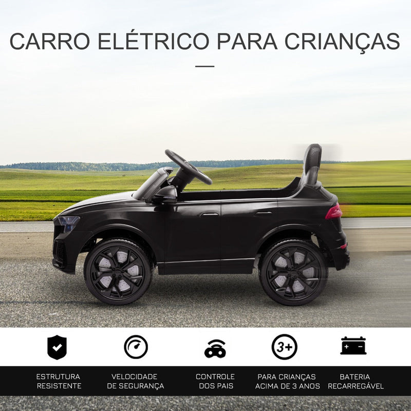 Carro Elétrico Infantil acima de 3 anos Licença Audi RS Q8 com Bateria 6V Controle a Distância Música MP3 Buzina e Luzes Velocidade Máx. 3km/h 101x62x51cm Preto