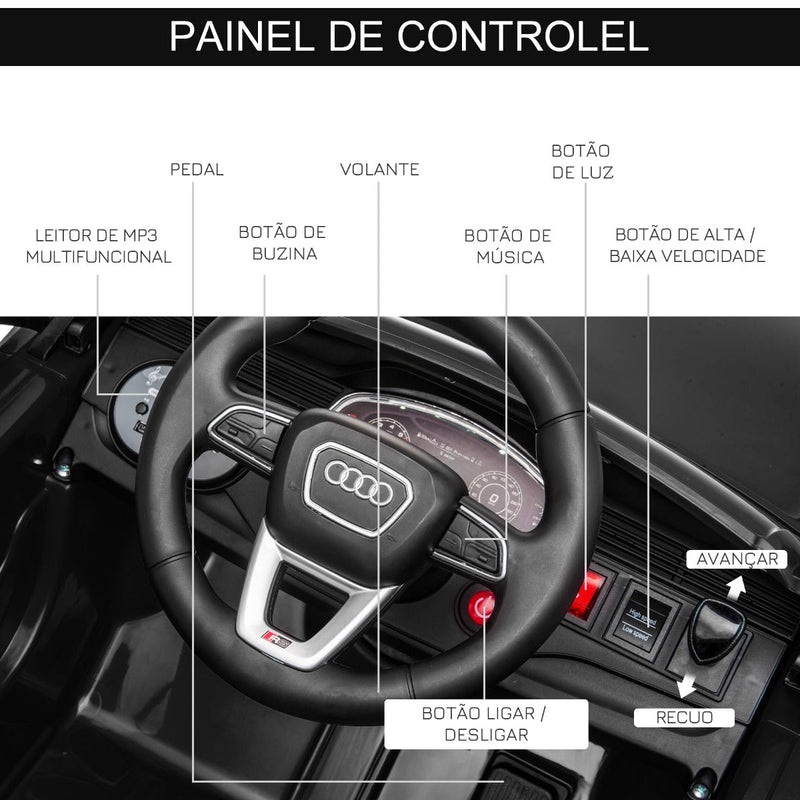 Carro Elétrico Infantil acima de 3 anos Licença Audi RS Q8 com Bateria 6V Controle a Distância Música MP3 Buzina e Luzes Velocidade Máx. 3km/h 101x62x51cm Preto