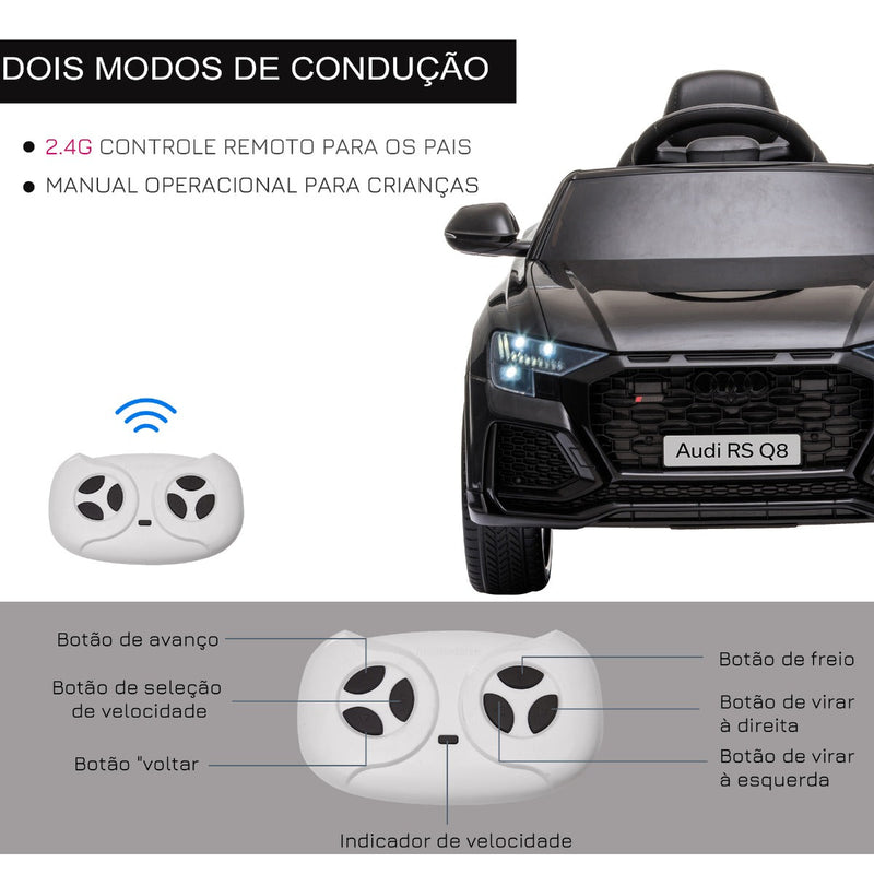 Carro Elétrico Infantil acima de 3 anos Licença Audi RS Q8 com Bateria 6V Controle a Distância Música MP3 Buzina e Luzes Velocidade Máx. 3km/h 101x62x51cm Preto