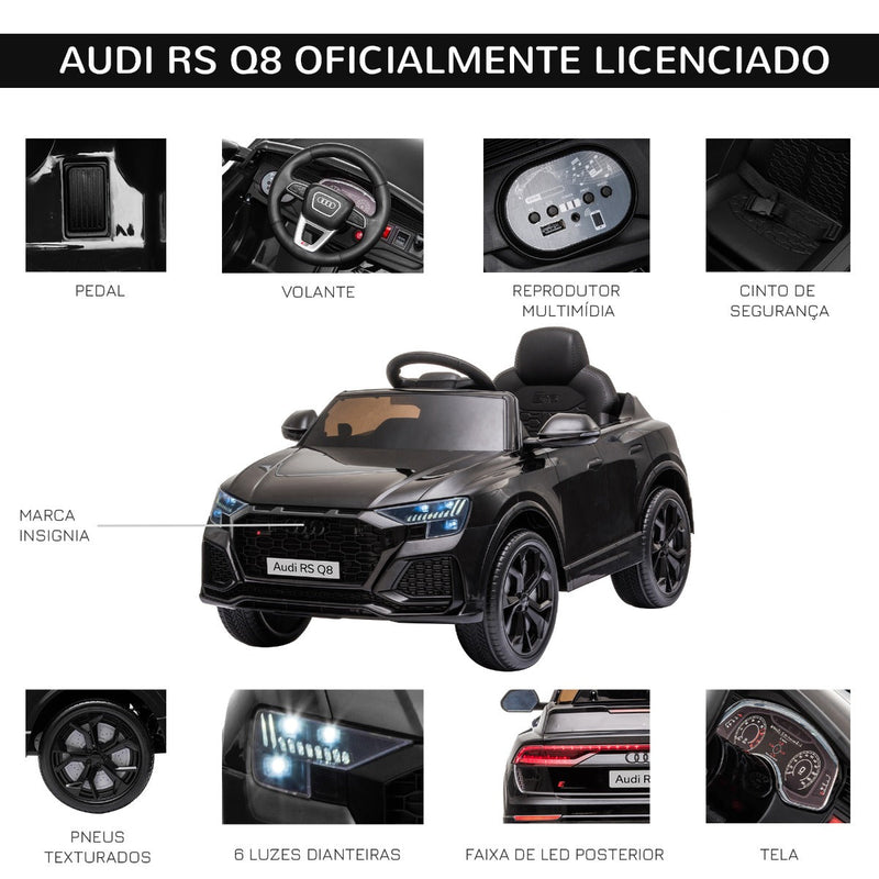 Carro Elétrico Infantil acima de 3 anos Licença Audi RS Q8 com Bateria 6V Controle a Distância Música MP3 Buzina e Luzes Velocidade Máx. 3km/h 101x62x51cm Preto