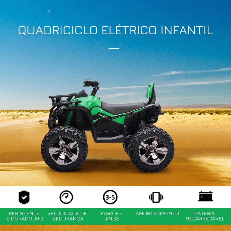 Quadriciclo Elétrico 12V para Crianças acima de 3 Anos com Farol Música Pneus de Suspensão Botões Avance e Retrocesso Veículo Elétrico a Bateria 100x65x73cm Verde