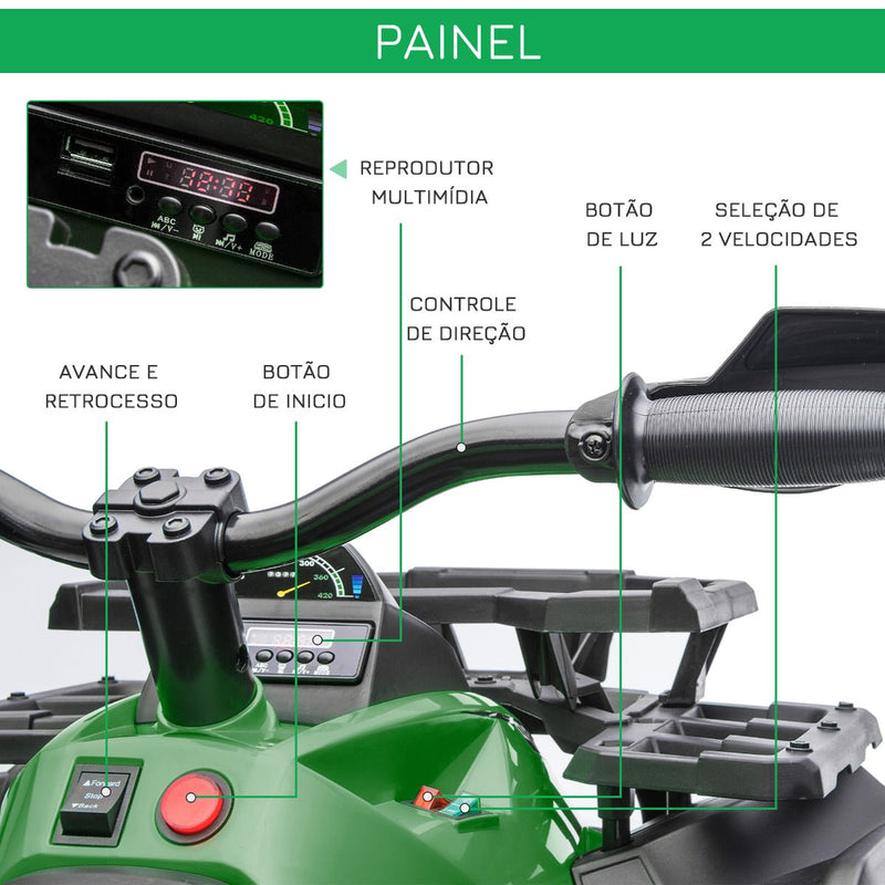 Quadriciclo Elétrico 12V para Crianças acima de 3 Anos com Farol Música Pneus de Suspensão Botões Avance e Retrocesso Veículo Elétrico a Bateria 100x65x73cm Verde