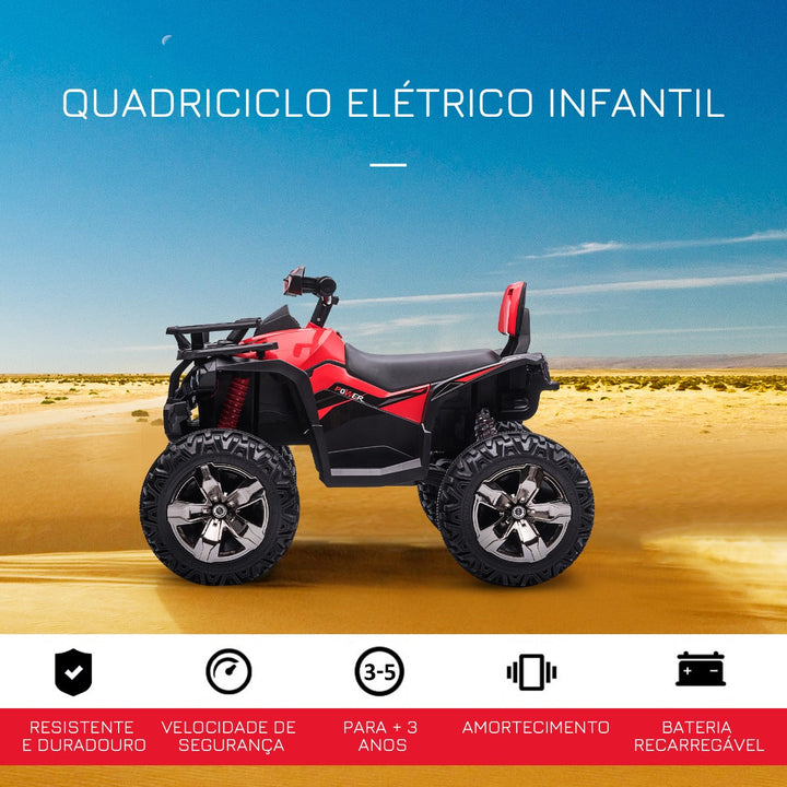 Quadriciclo Elétrico 12V para Crianças acima de 3 Anos com Farol Música Pneus de Suspensão Botões Avance e Retrocesso Veículo Elétrico a Bateria 100x65x73cm Vermelho