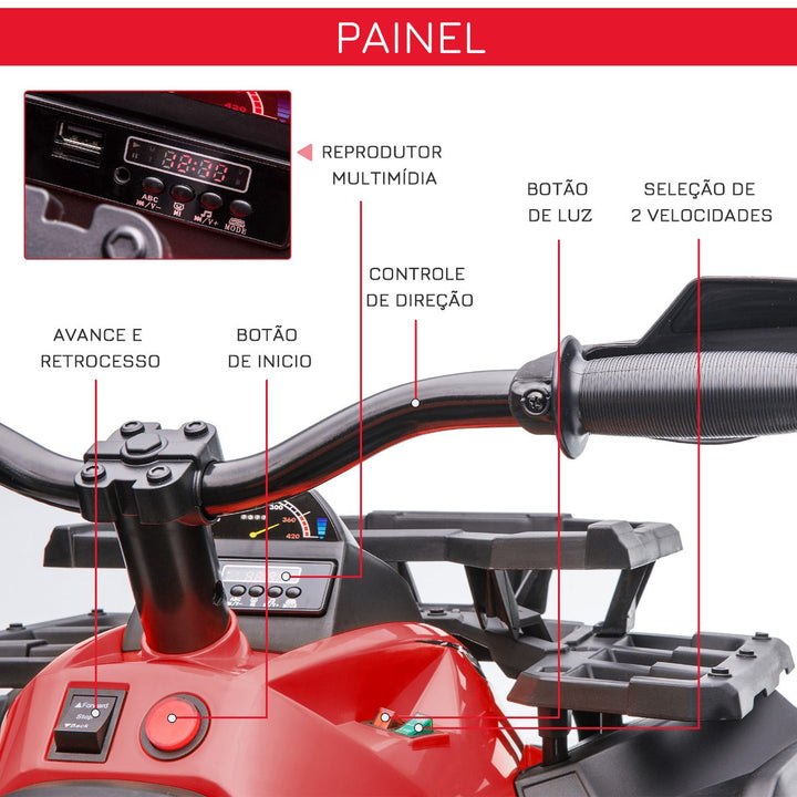 Quadriciclo Elétrico 12V para Crianças acima de 3 Anos com Farol Música Pneus de Suspensão Botões Avance e Retrocesso Veículo Elétrico a Bateria 100x65x73cm Vermelho
