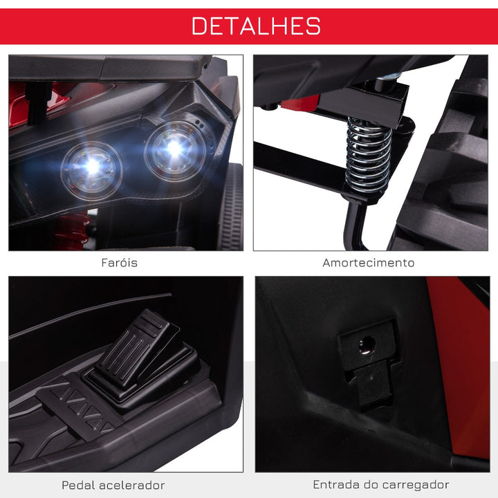 Quadriciclo Elétrico 12V para Crianças acima de 3 Anos com Farol Música Pneus de Suspensão Botões Avance e Retrocesso Veículo Elétrico a Bateria 100x65x73cm Vermelho