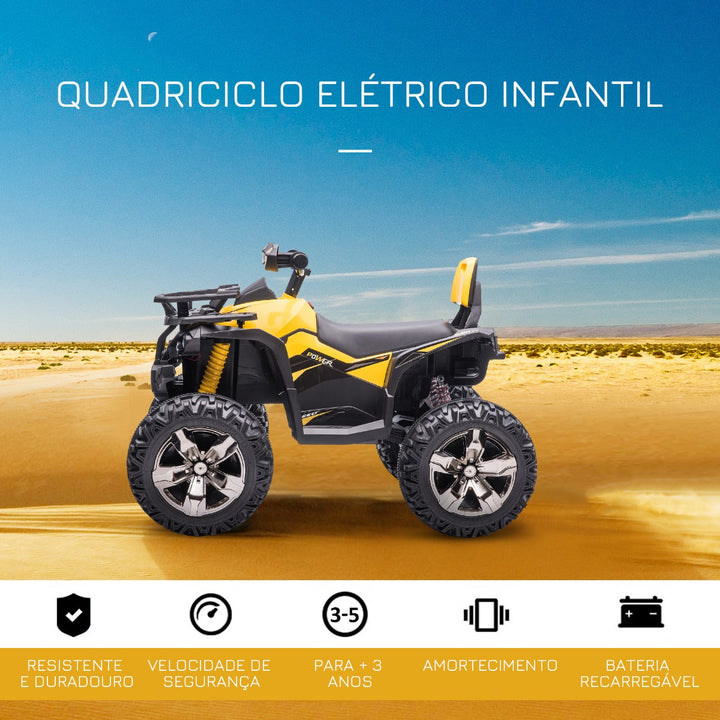 Quadriciclo Elétrico 12V para Crianças acima de 3 Anos com Farol Música Pneus de Suspensão Botões Avance e Retrocesso Veículo Elétrico a Bateria 100x65x73cm Amarelo