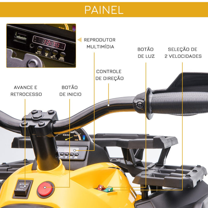 Quadriciclo Elétrico 12V para Crianças acima de 3 Anos com Farol Música Pneus de Suspensão Botões Avance e Retrocesso Veículo Elétrico a Bateria 100x65x73cm Amarelo