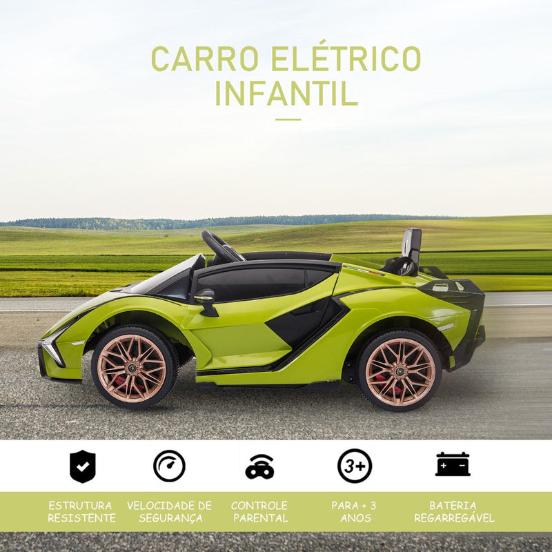 Carro Elétrico Lamborghini SIAN 12V para Crianças acima de 3 Anos com Controle Remoto Abertura da Porta Música MP3 USB e Faróis 108x62x40cm Verde