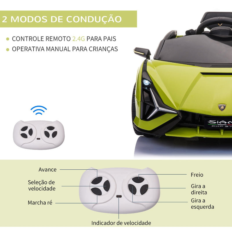 Carro Elétrico Lamborghini SIAN 12V para Crianças acima de 3 Anos com Controle Remoto Abertura da Porta Música MP3 USB e Faróis 108x62x40cm Verde