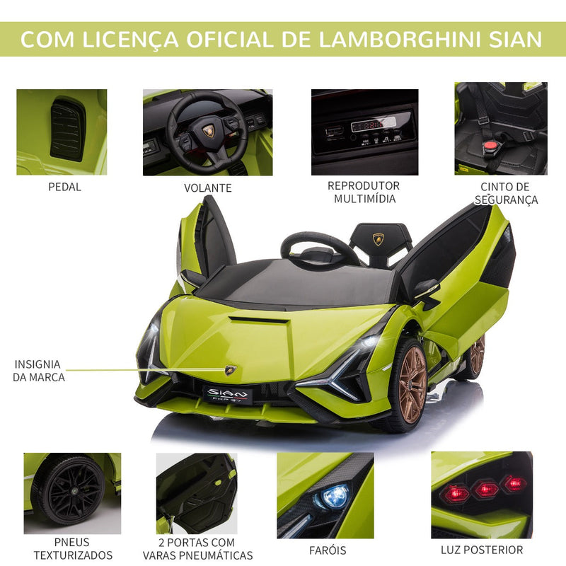 Carro Elétrico Lamborghini SIAN 12V para Crianças acima de 3 Anos com Controle Remoto Abertura da Porta Música MP3 USB e Faróis 108x62x40cm Verde