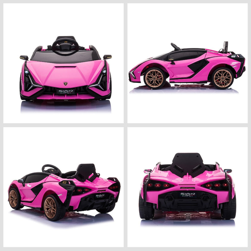 Carro Elétrico Lamborghini SIAN 12V para Crianças acima de 3 Anos com Controle Remoto Abertura da Porta Música MP3 USB e Faróis 108x62x40cm Rosa