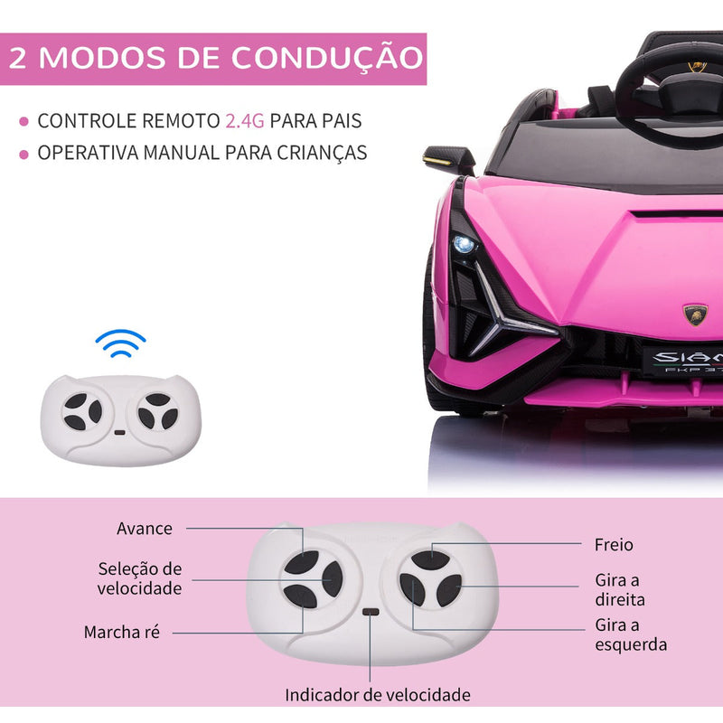 Carro Elétrico Lamborghini SIAN 12V para Crianças acima de 3 Anos com Controle Remoto Abertura da Porta Música MP3 USB e Faróis 108x62x40cm Rosa