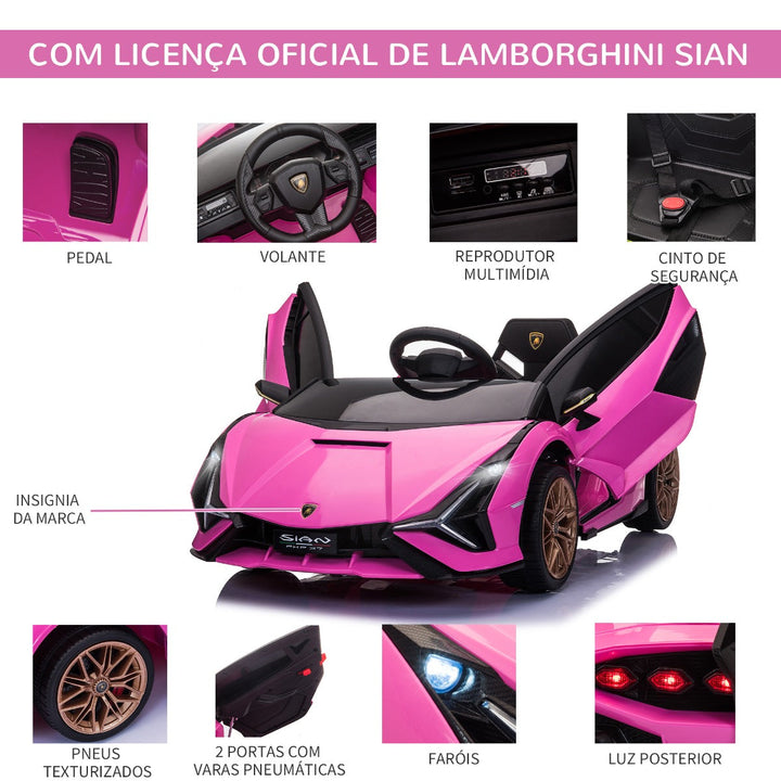 Carro Elétrico Lamborghini SIAN 12V para Crianças acima de 3 Anos com Controle Remoto Abertura da Porta Música MP3 USB e Faróis 108x62x40cm Rosa