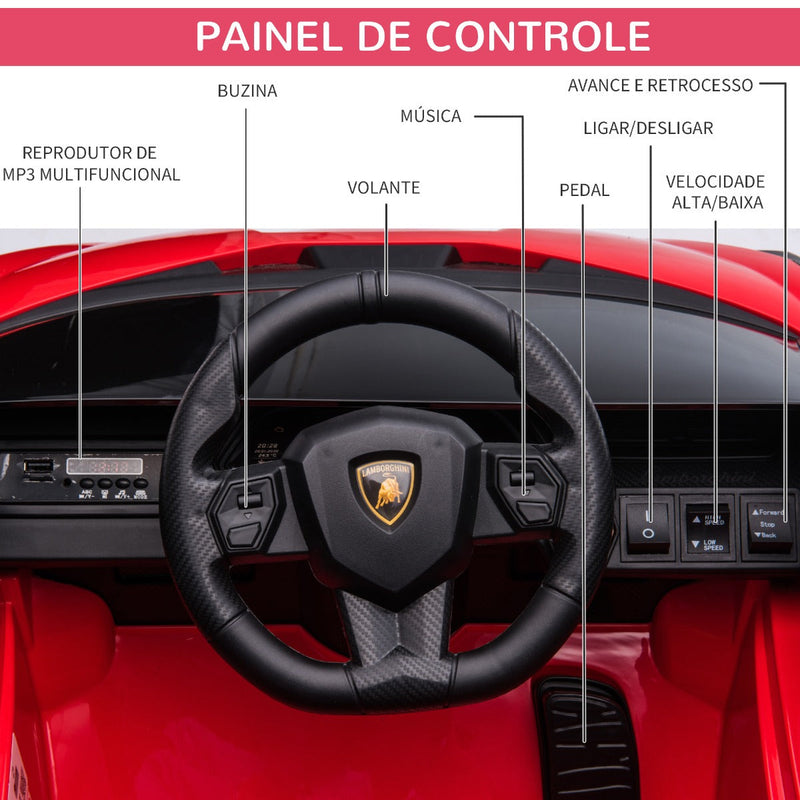 Carro Elétrico Lamborghini SIAN 12V para Crianças acima de 3 Anos com Controle Remoto Abertura da Porta Música MP3 USB e Faróis 108x62x40cm Vermelho