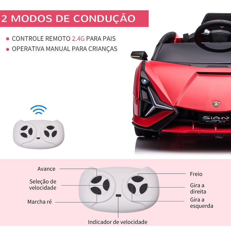 Carro Elétrico Lamborghini SIAN 12V para Crianças acima de 3 Anos com Controle Remoto Abertura da Porta Música MP3 USB e Faróis 108x62x40cm Vermelho