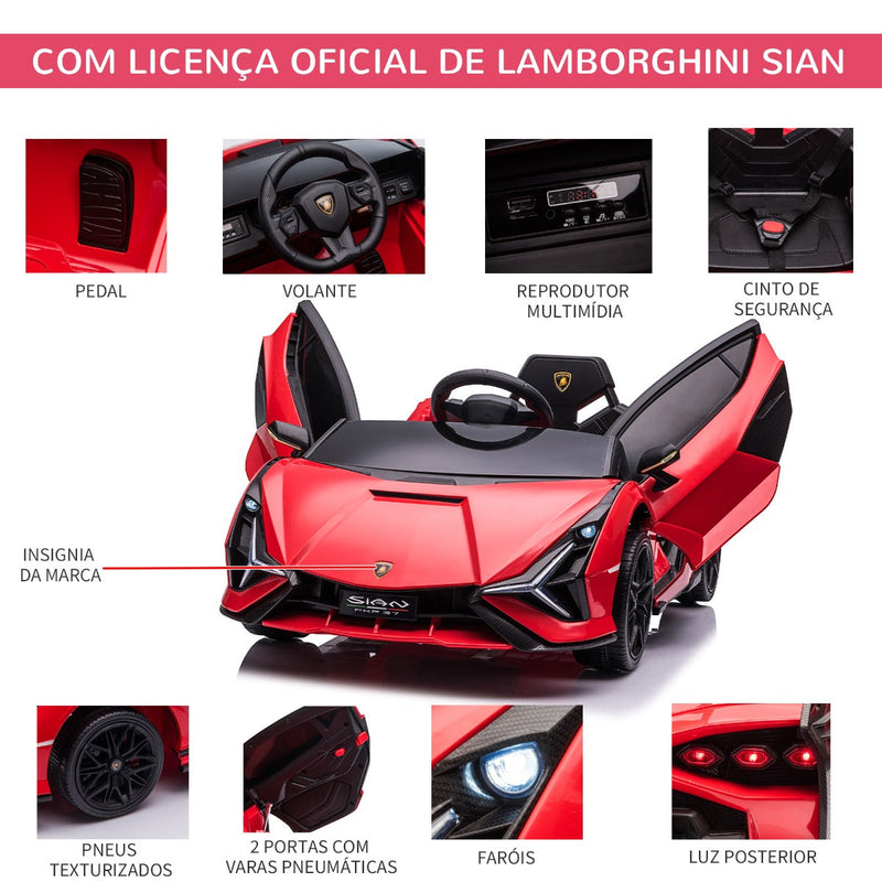 Carro Elétrico Lamborghini SIAN 12V para Crianças acima de 3 Anos com Controle Remoto Abertura da Porta Música MP3 USB e Faróis 108x62x40cm Vermelho