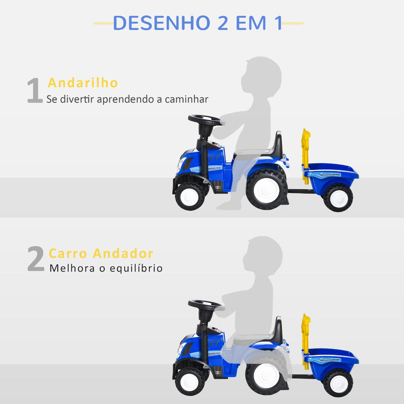 Trator para Crianças de 12-36 Meses com Reboque Removível Carro Andador com Buzina Farol Pá e Ancinho Carga 25kg 91x29x44cm Azul