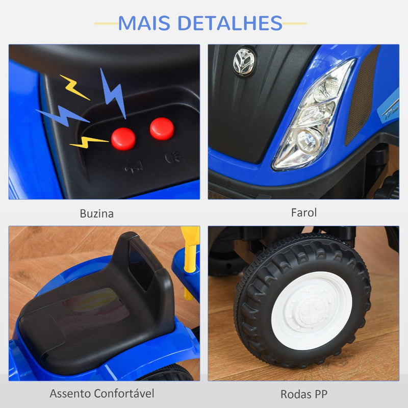 Trator para Crianças de 12-36 Meses com Reboque Removível Carro Andador com Buzina Farol Pá e Ancinho Carga 25kg 91x29x44cm Azul