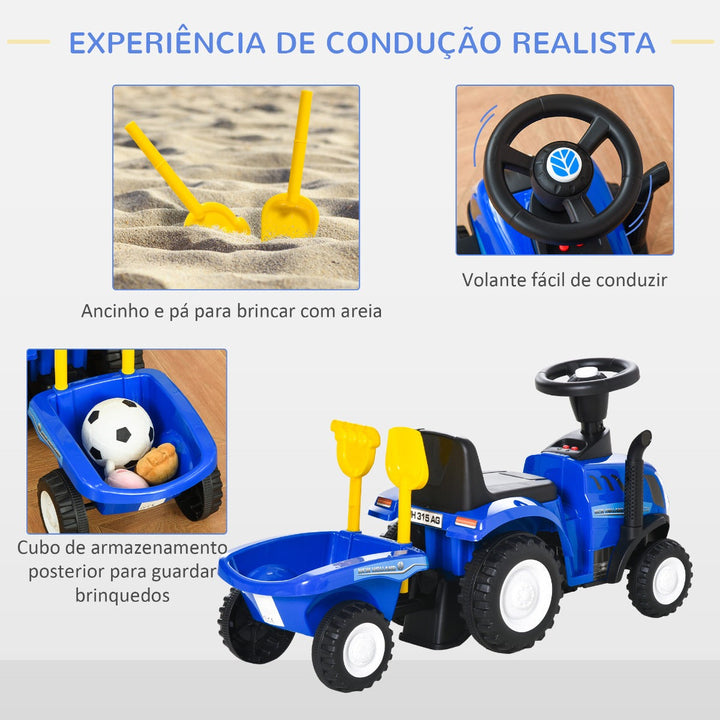 Trator para Crianças de 12-36 Meses com Reboque Removível Carro Andador com Buzina Farol Pá e Ancinho Carga 25kg 91x29x44cm Azul