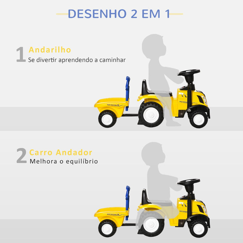 Trator para Crianças de 12-36 Meses com Reboque Removível Carro Andador com Buzina Farol Pá e Ancinho Carga 25kg 91x29x44cm Amarelo