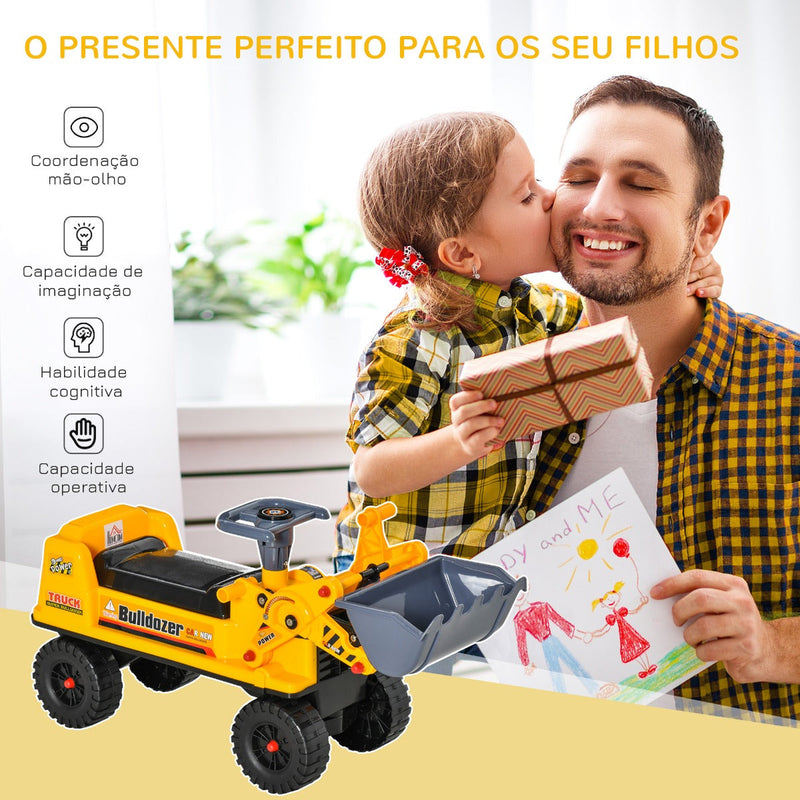 Trator sem Pedais para Crianças de 2-3 Anos com Pá Escavadora Espaço de Armazenamento Oculto Volante e Buzina 70x26x37cm Amarelo