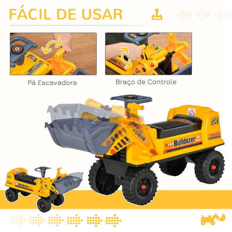 Trator sem Pedais para Crianças de 2-3 Anos com Pá Escavadora Espaço de Armazenamento Oculto Volante e Buzina 70x26x37cm Amarelo