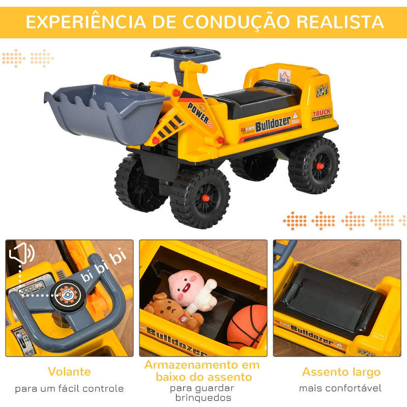 Trator sem Pedais para Crianças de 2-3 Anos com Pá Escavadora Espaço de Armazenamento Oculto Volante e Buzina 70x26x37cm Amarelo