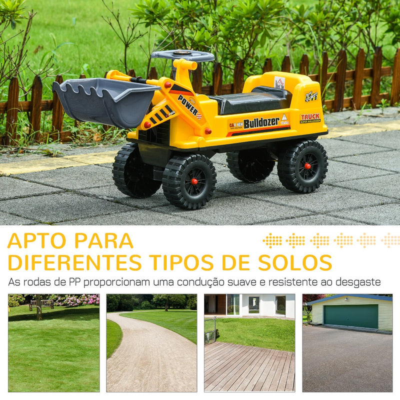 Trator sem Pedais para Crianças de 2-3 Anos com Pá Escavadora Espaço de Armazenamento Oculto Volante e Buzina 70x26x37cm Amarelo