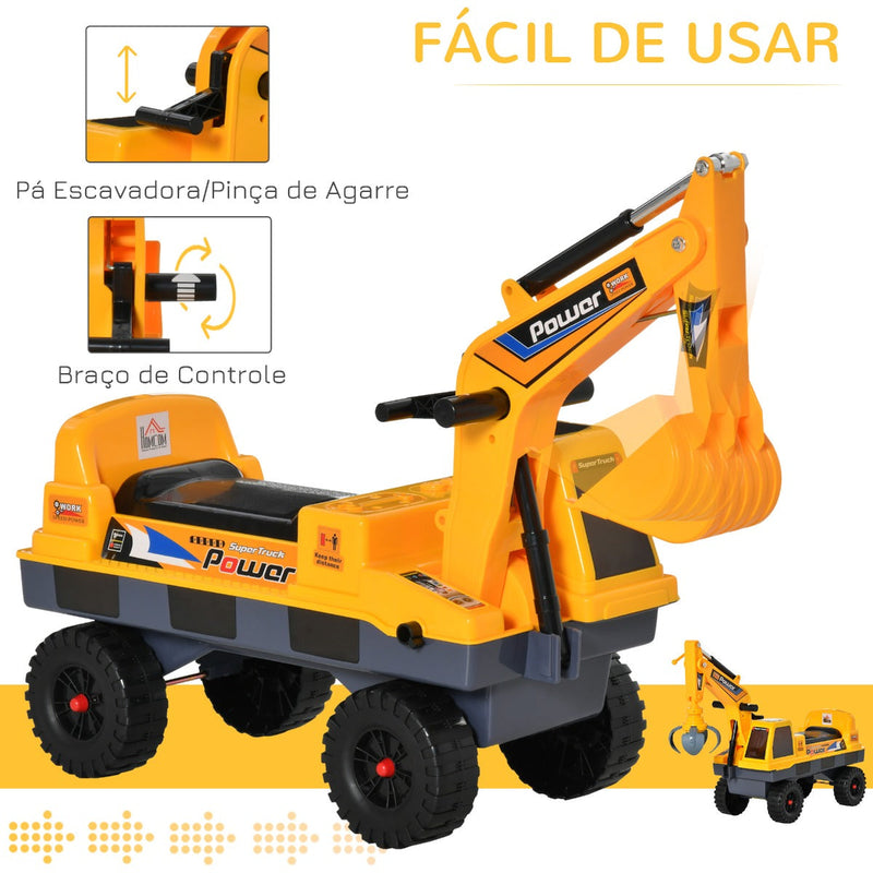 Escavadora Infantil sem Pedais para Crianças de 2-3 anos Carro Andador com Pá Pinça de Agarrar Luzes Música e Armazenamento Oculto 90x28x58cm Amarelo