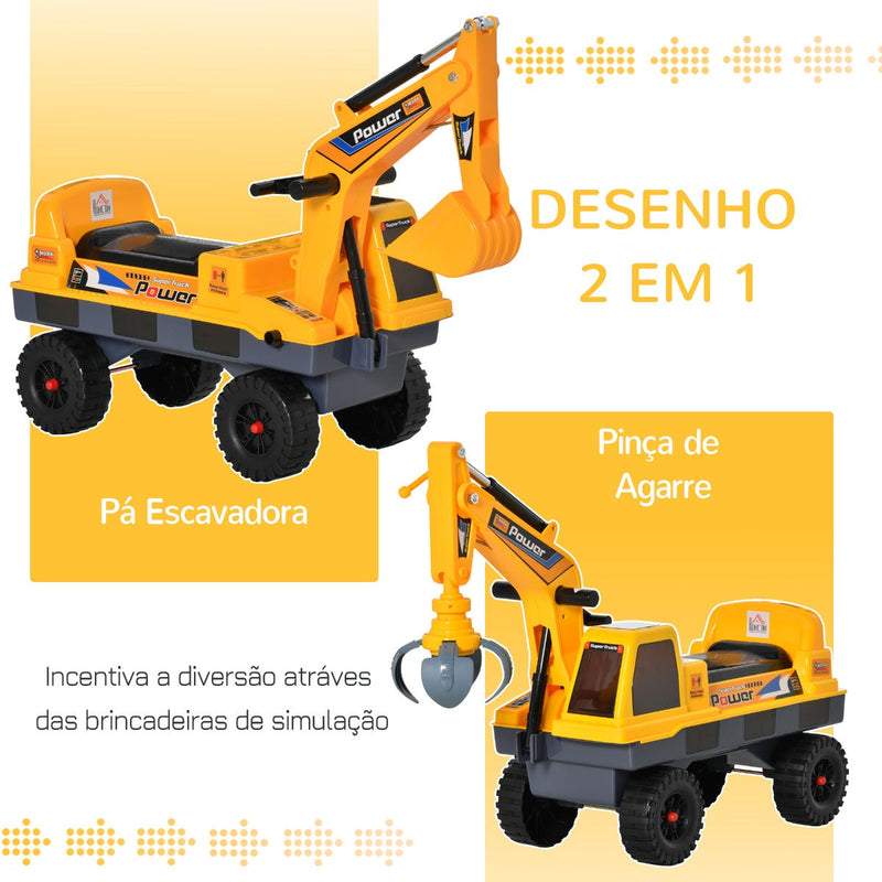 Escavadora Infantil sem Pedais para Crianças de 2-3 anos Carro Andador com Pá Pinça de Agarrar Luzes Música e Armazenamento Oculto 90x28x58cm Amarelo