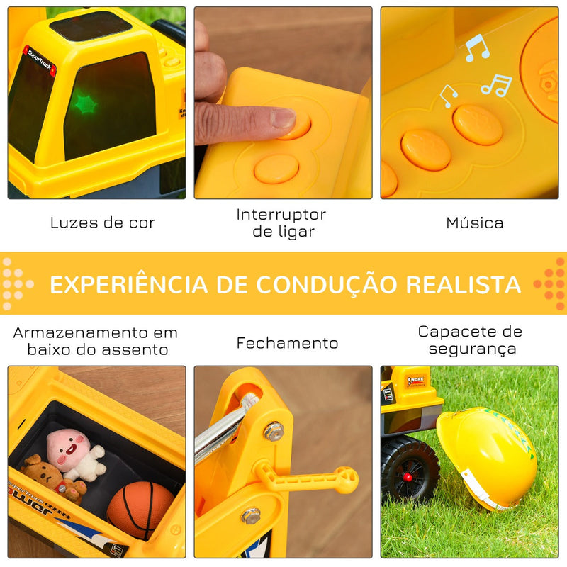 Escavadora Infantil sem Pedais para Crianças de 2-3 anos Carro Andador com Pá Pinça de Agarrar Luzes Música e Armazenamento Oculto 90x28x58cm Amarelo