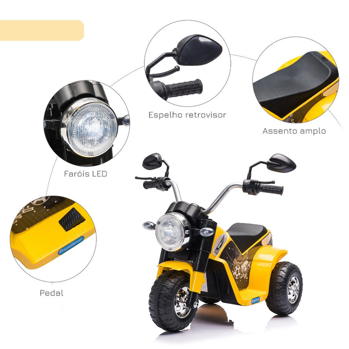 Motocicleta Elétrica Infantil com 3 Rodas Triciclo a Bateria 6V para Crianças de 18-36 Meses com Farol Buzina 72x57x56cm Amarelo