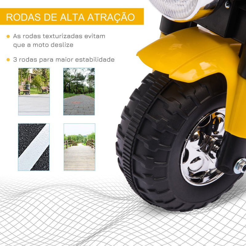 Motocicleta Elétrica Infantil com 3 Rodas Triciclo a Bateria 6V para Crianças de 18-36 Meses com Farol Buzina 72x57x56cm Amarelo