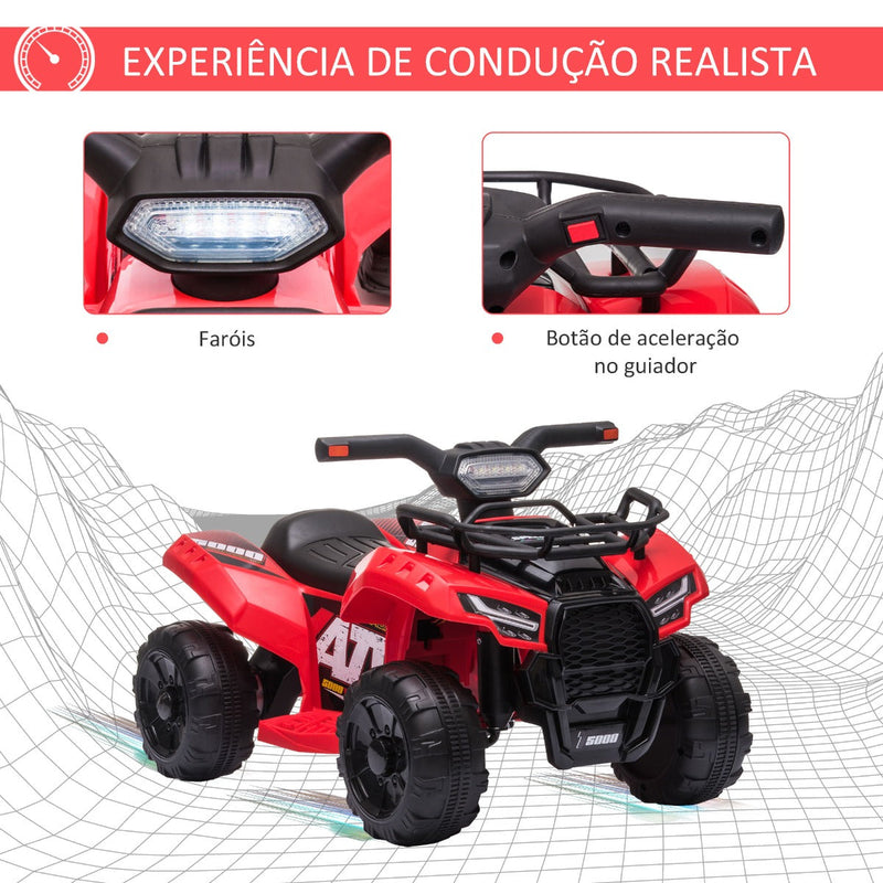 Quadriciclo Elétrico para Crianças de 18-36 Meses Veículo Elétrico a Bateria 6V Infantil com Faróis LED Velocidade 2km/h 66x44x42cm Vermelho