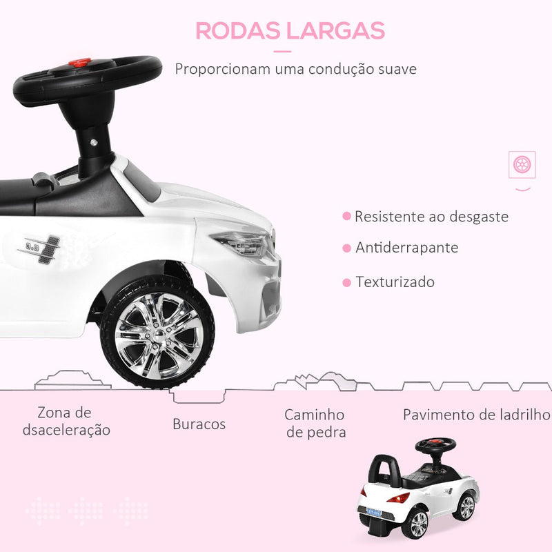 Carro Andador para Crianças de 18-36 Meses com Faróis Música Buzina Volante Compartimento de Armazenamento e Alça para Empurrar 63,5x28x36 Branco